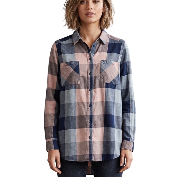 H&M Tops - H&M Divided Pink Navy Plaid Button Down Shirt 10 Cotton Oversized Grunge Tunic